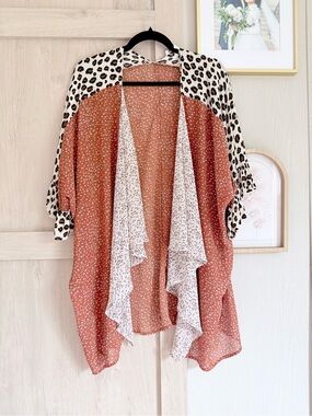 Women's Rust & Cream Mixed-Print Open Front Kimono